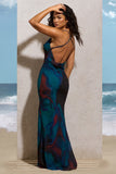 Kali Blue Print Cowl-Neck Open-Back Split Maxi Dress