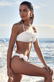 Rest White Ruched Halter-Neck Bikini Top With Corsages