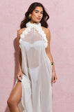 Naelya White Chiffon Halter-Neck Maxi Dress With Corsages
