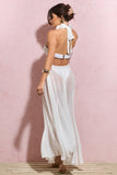 Naelya White Chiffon Halter-Neck Maxi Dress With Corsages