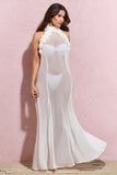 Naelya White Chiffon Halter-Neck Maxi Dress With Corsages