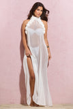 Naelya White Chiffon Halter-Neck Maxi Dress With Corsages