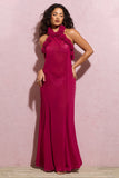 Naelya Dark Pink Chiffon Halter-Neck Maxi Dress With Corsages