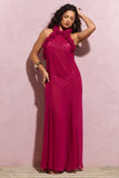 Naelya Dark Pink Chiffon Halter-Neck Maxi Dress With Corsages