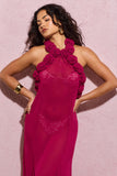 Naelya Dark Pink Chiffon Halter-Neck Maxi Dress With Corsages