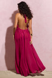Naelya Dark Pink Chiffon Halter-Neck Maxi Dress With Corsages