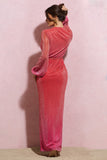 Sky Dance Pink & Orange Ombre Chiffon Balloon-Sleeved Split Maxi Dress