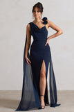 Angeline Navy Chiffon Draped Split Maxi Dress With Corsages