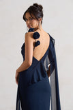 Angeline Navy Chiffon Draped Split Maxi Dress With Corsages