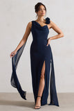 Angeline Navy Chiffon Draped Split Maxi Dress With Corsages