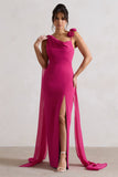 Angeline Dark Pink Chiffon Draped Split Maxi Dress With Corsages