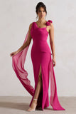 Angeline Dark Pink Chiffon Draped Split Maxi Dress With Corsages