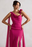 Angeline Dark Pink Chiffon Draped Split Maxi Dress With Corsages