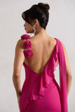 Angeline Dark Pink Chiffon Draped Split Maxi Dress With Corsages