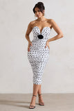 Taken White Polka Dot Ruched Mesh Midi Dress With Corsage