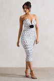Taken White Polka Dot Ruched Mesh Midi Dress With Corsage