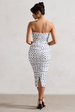 Taken White Polka Dot Ruched Mesh Midi Dress With Corsage