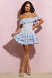 Explorer White & Blue Broderie Ruffled Bardot Mini Dress