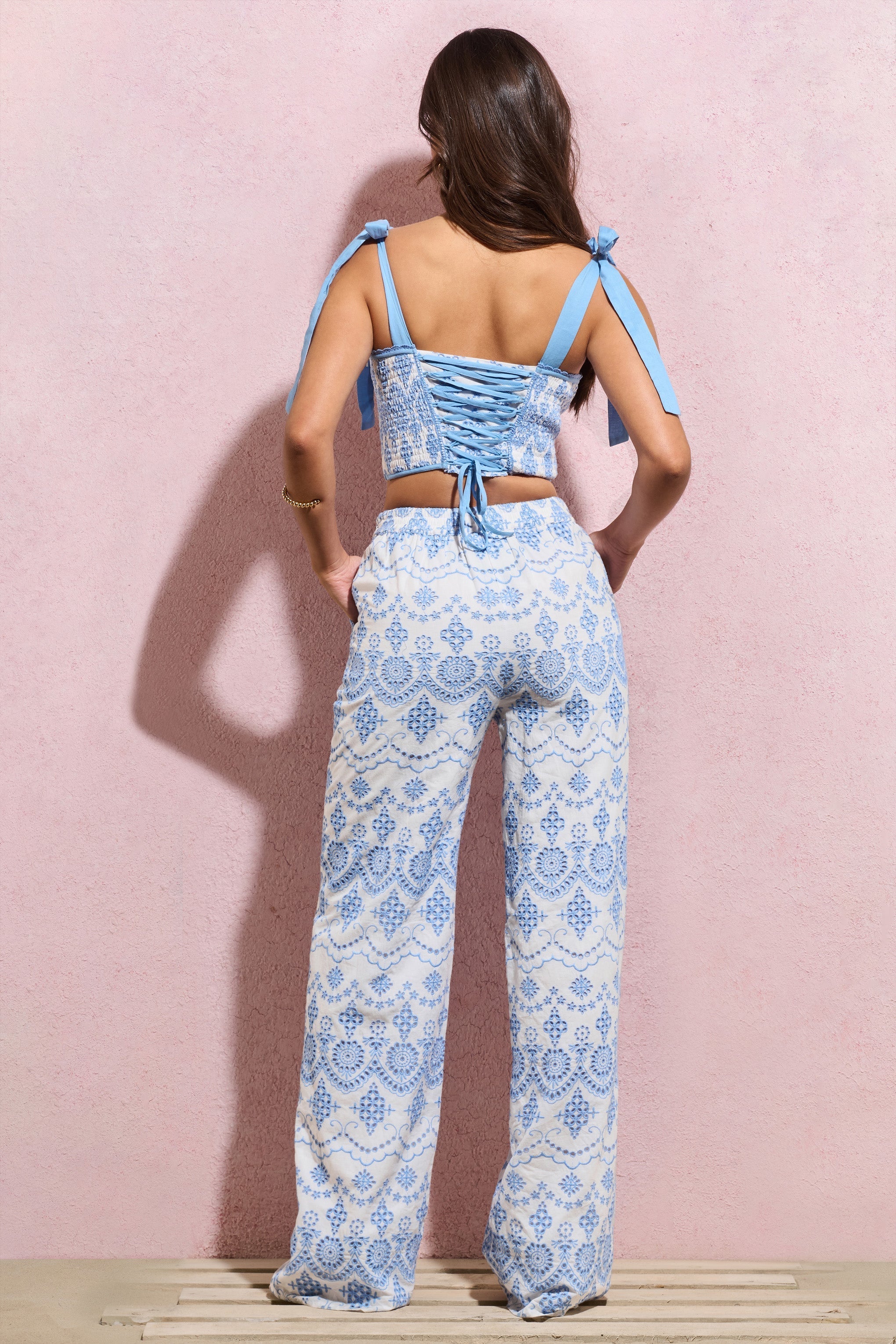 Days To Come White & Blue Broderie Wide-Leg Trousers