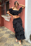 Vista Black Broderie Ruffled Tiered Maxi Skirt