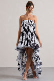Whistler Monochrome Floral Chiffon Bandeau High-Low Ruffled Maxi Dress