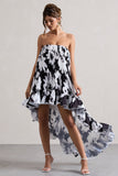 Whistler Monochrome Floral Chiffon Bandeau High-Low Ruffled Maxi Dress