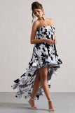 Whistler Monochrome Floral Chiffon Bandeau High-Low Ruffled Maxi Dress
