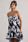 Whistler Monochrome Floral Chiffon Bandeau High-Low Ruffled Maxi Dress