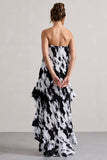 Whistler Monochrome Floral Chiffon Bandeau High-Low Ruffled Maxi Dress