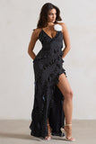 Annabelle Black Polka Dot Ruffled Maxi Dress With Corsage