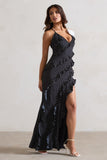 Annabelle Black Polka Dot Ruffled Maxi Dress With Corsage