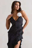 Annabelle Black Polka Dot Ruffled Maxi Dress With Corsage