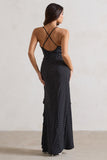 Annabelle Black Polka Dot Ruffled Maxi Dress With Corsage