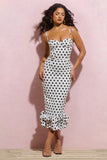Royale White Polka Dot Bodycon Ruffled Midi Dress