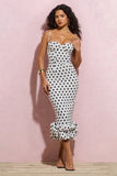Royale White Polka Dot Bodycon Ruffled Midi Dress