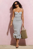 Royale White Polka Dot Bodycon Ruffled Midi Dress