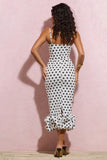 Royale White Polka Dot Bodycon Ruffled Midi Dress