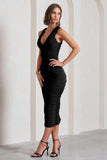 Tempting Fate Black Ruched Bodycon V-Neck Midi Dress