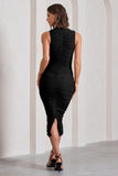 Tempting Fate Black Ruched Bodycon V-Neck Midi Dress
