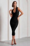 Tempting Fate Black Ruched Bodycon V-Neck Midi Dress