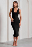 Tempting Fate Black Ruched Bodycon V-Neck Midi Dress