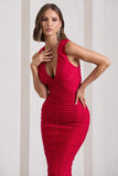 Tempting Fate Red Ruched Bodycon V-Neck Midi Dress