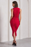 Tempting Fate Red Ruched Bodycon V-Neck Midi Dress