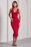 Tempting Fate Red Ruched Bodycon V-Neck Midi Dress