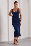 Evora Navy Ruched Square-Neck Midi Dress