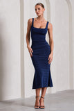 Evora Navy Ruched Square-Neck Midi Dress