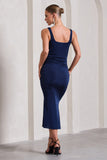 Evora Navy Ruched Square-Neck Midi Dress