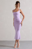 Evora Lilac Ruched Square-Neck Midi Dress
