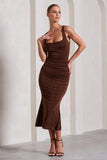 Evora Chocolate Ruched Square-Neck Midi Dress