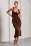 Evora Chocolate Ruched Square-Neck Midi Dress